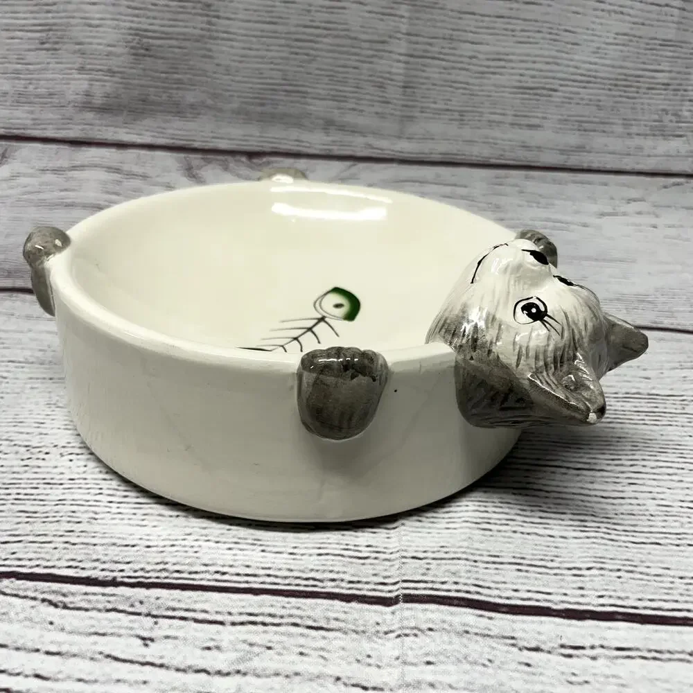 Ceramic Sleeping Cat Bowl with Fish Bone - 3D Sculpted Pet Food Dish 7